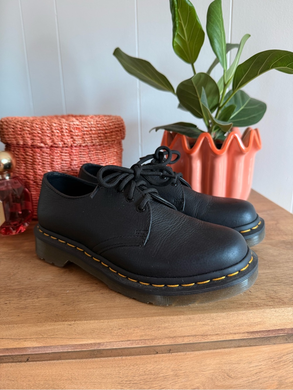 Dr. Martens Black Leather Low-Top Oxfords with Yellow Stitching
